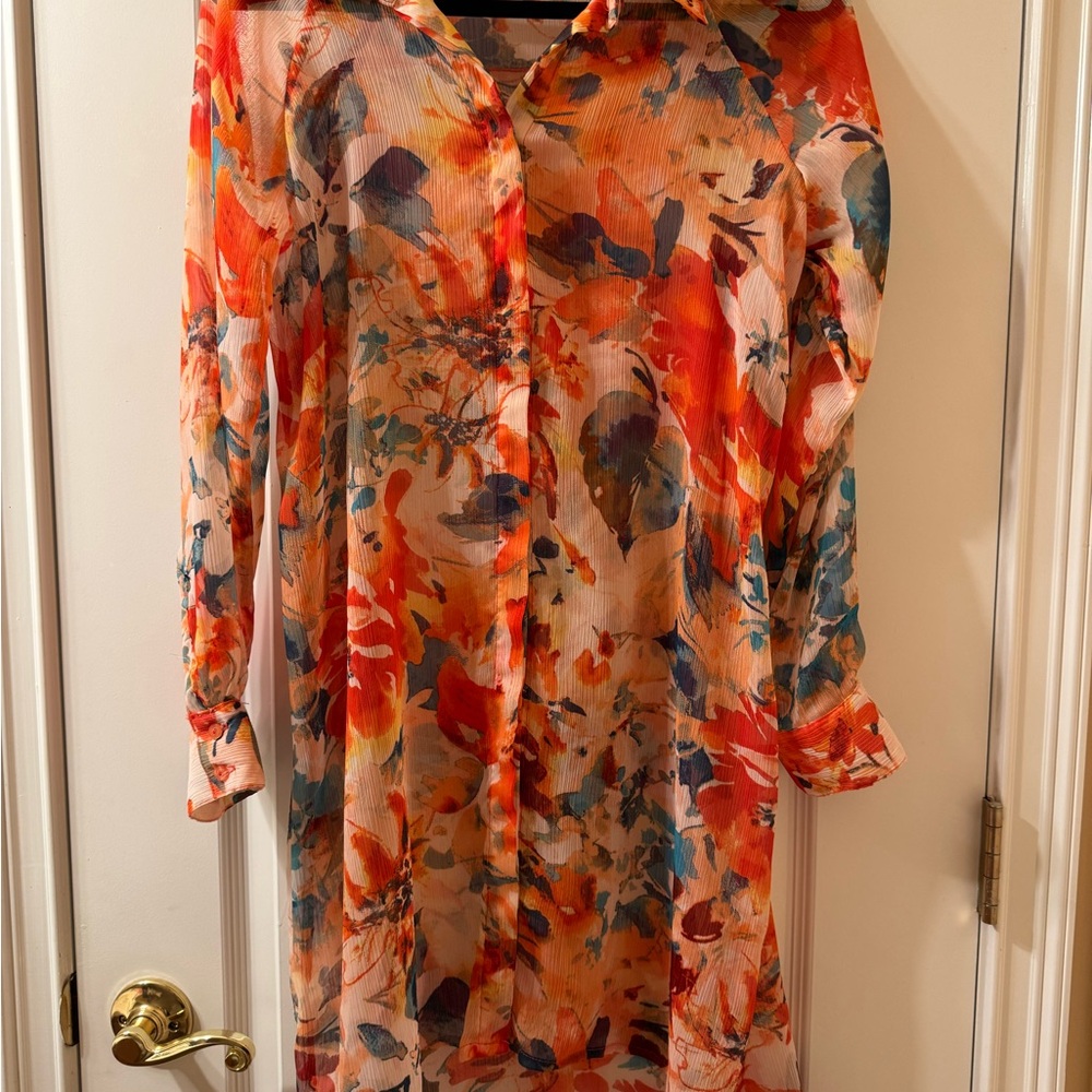 New Directions Orange Green Long Sleeve Shirt Dress NWOT - Picture 2 of 11
